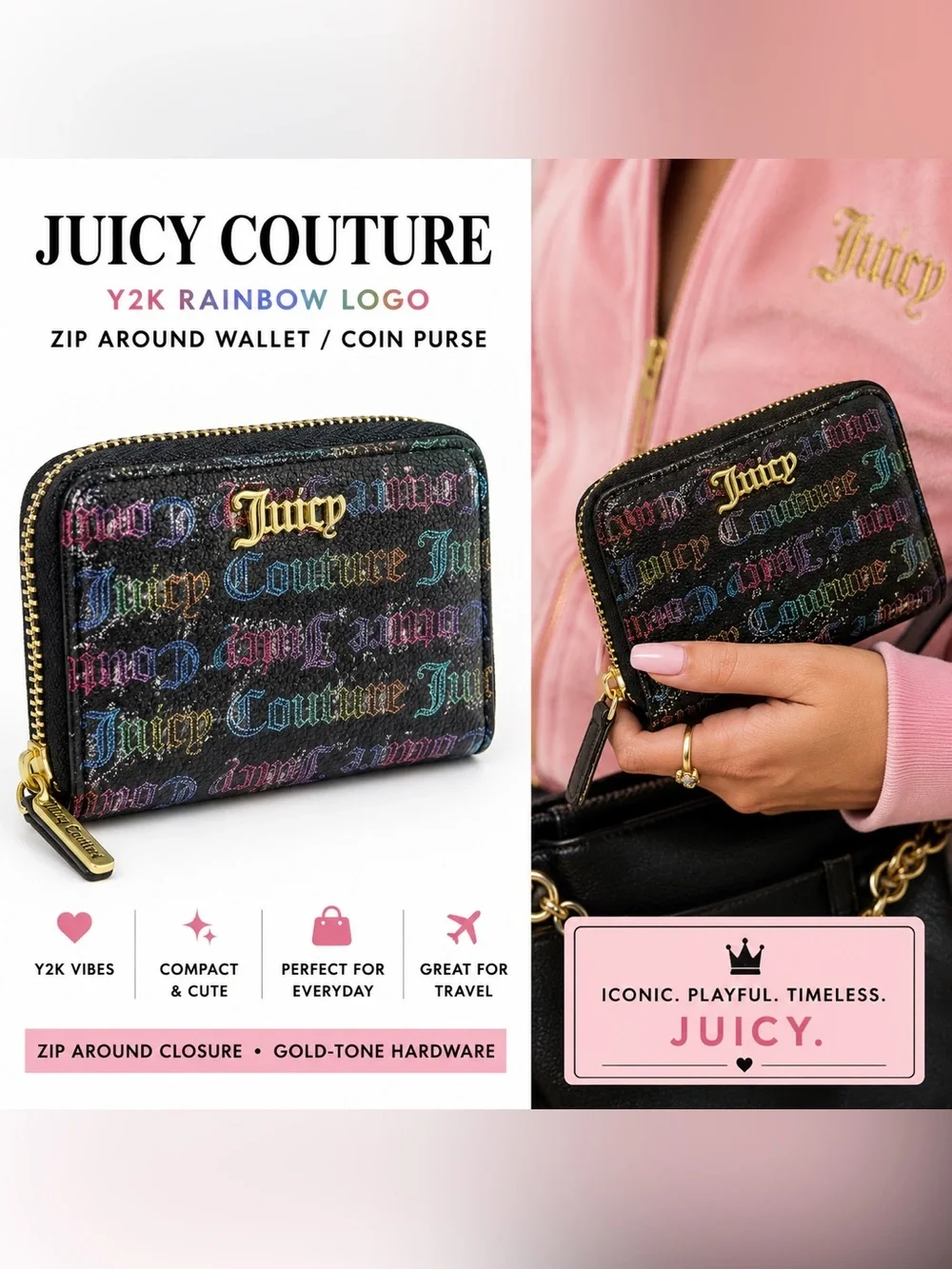 Juicy Couture Y2K Rainbow Logo Zip Around Wallet Coin Purse Black